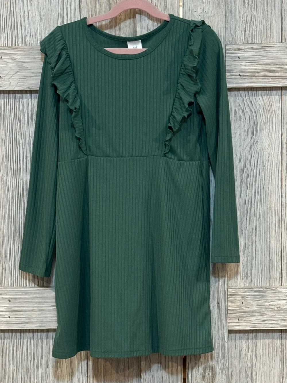 Members Mark Girls Long Sleeve Ruffled Knit Dress - Dark Green Sz 7/8